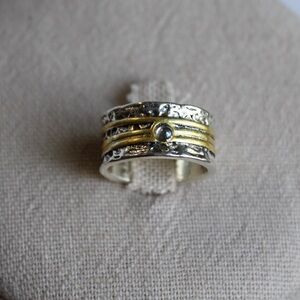 Two-Tone Silver & Gold Clear Bead Accent Wide Band Ring Size 7.5